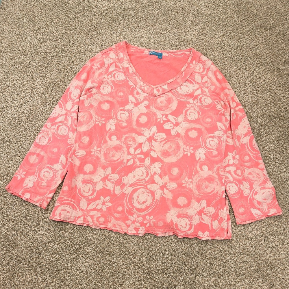 Fresh Produce Womens Roll Tab 3/4 Sleeve‎ Coral Floral Top MD/LG Casual Tropical